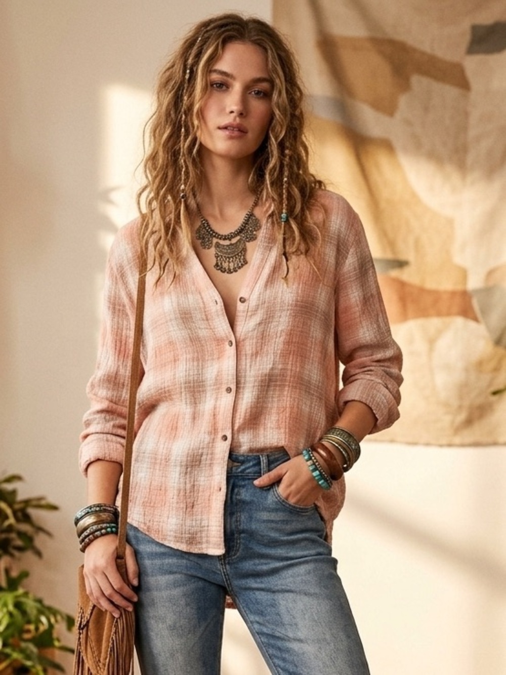 Women's Textured Plaid Button-Front Shirt